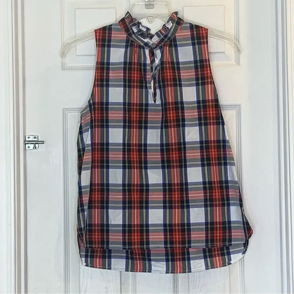 J. Crew Ruffle Plaid Sleeveless Mock Turtleneck Top Size 8
